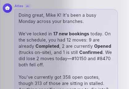Atlas AI coworker in MovingCRM — daily briefing: 17 new bookings, 12 moves and 358 open quotes across branches