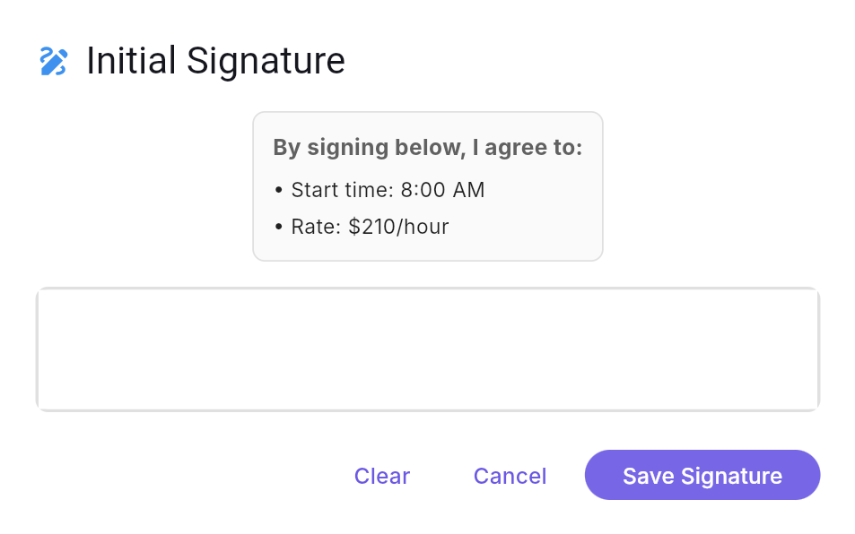 E-signature modal in a MovingCRM moving contract — the customer agrees to the 8:00 AM start time and $210/hour rate, then signs to confirm the booking