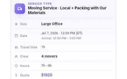 Job details panel in MovingCRM dispatch — service type, size, crew of 4 movers, hours and the $1920 quote for a scheduled move