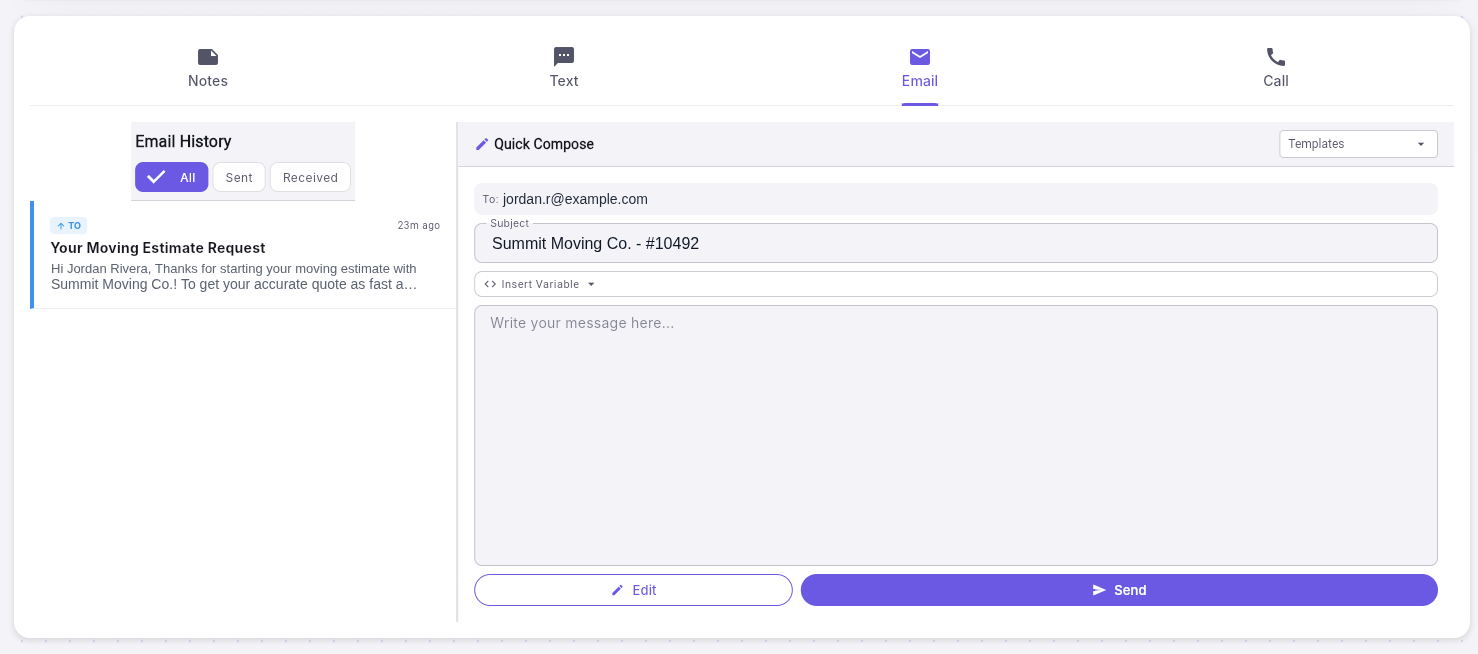 Composing an email inside a lead in MovingCRM — send email and SMS from templates with saved variables, alongside full email history