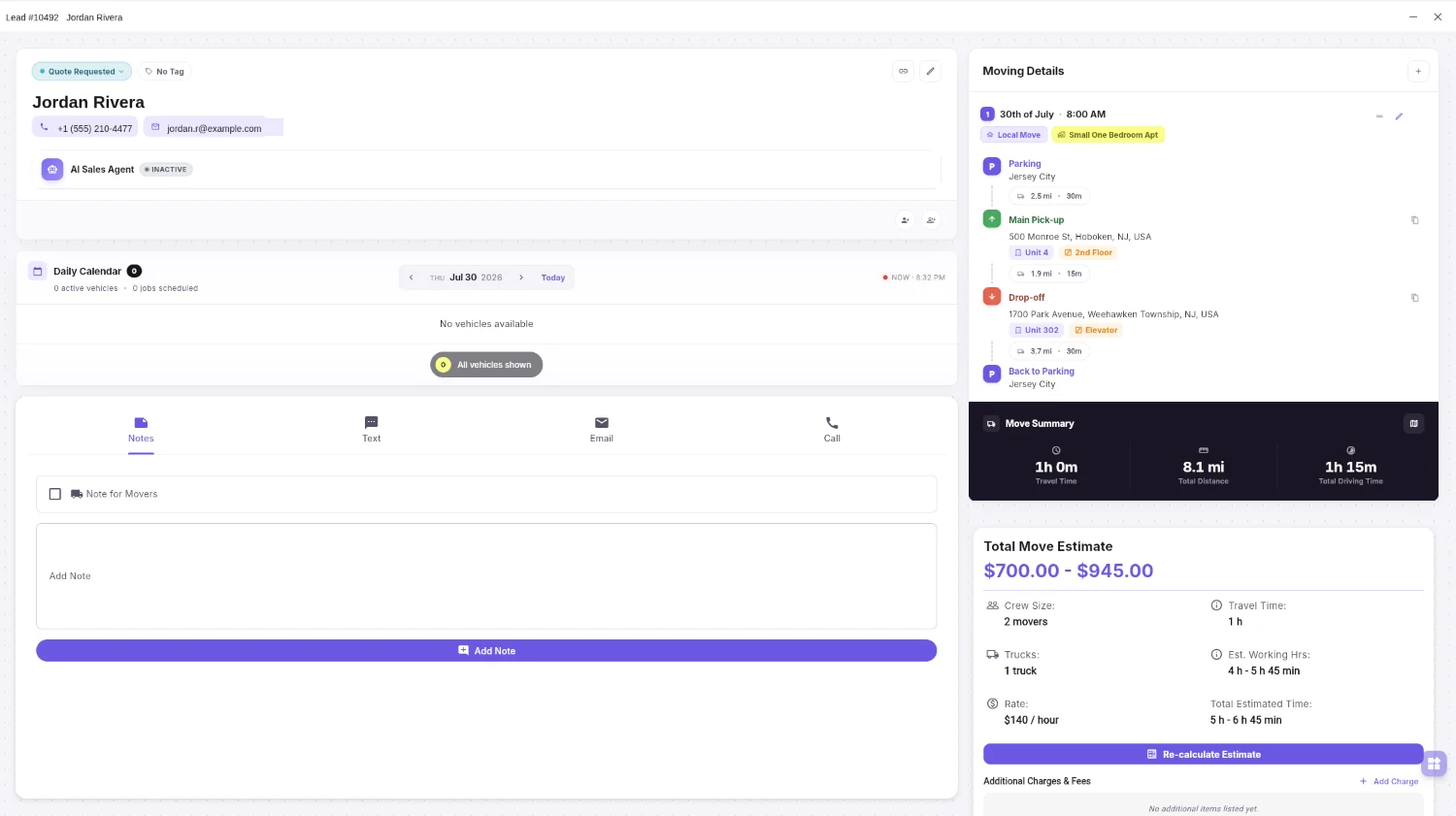 Inside a lead in MovingCRM — contact, move route with pickup and drop-off, live estimate and crew summary on one screen