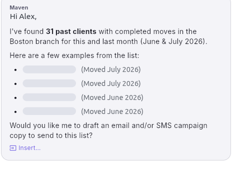 Maven AI outreach in MovingCRM — plain-English audience pull with SMS and email campaign composer