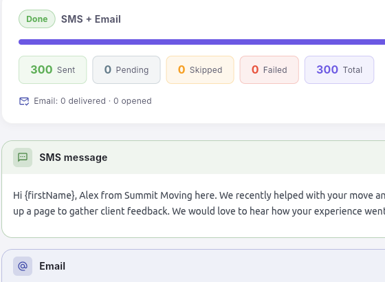 Maven campaign results in MovingCRM — 300 SMS and emails sent to past moving customers