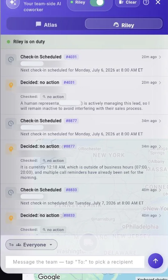 Riley AI follow-up agent in MovingCRM — check-ins scheduled and next actions decided on every lead