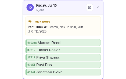 Day-detail popover in the MovingCRM schedule — Friday, Jul 10 with 5 jobs, truck-rental notes and the day's crew job list