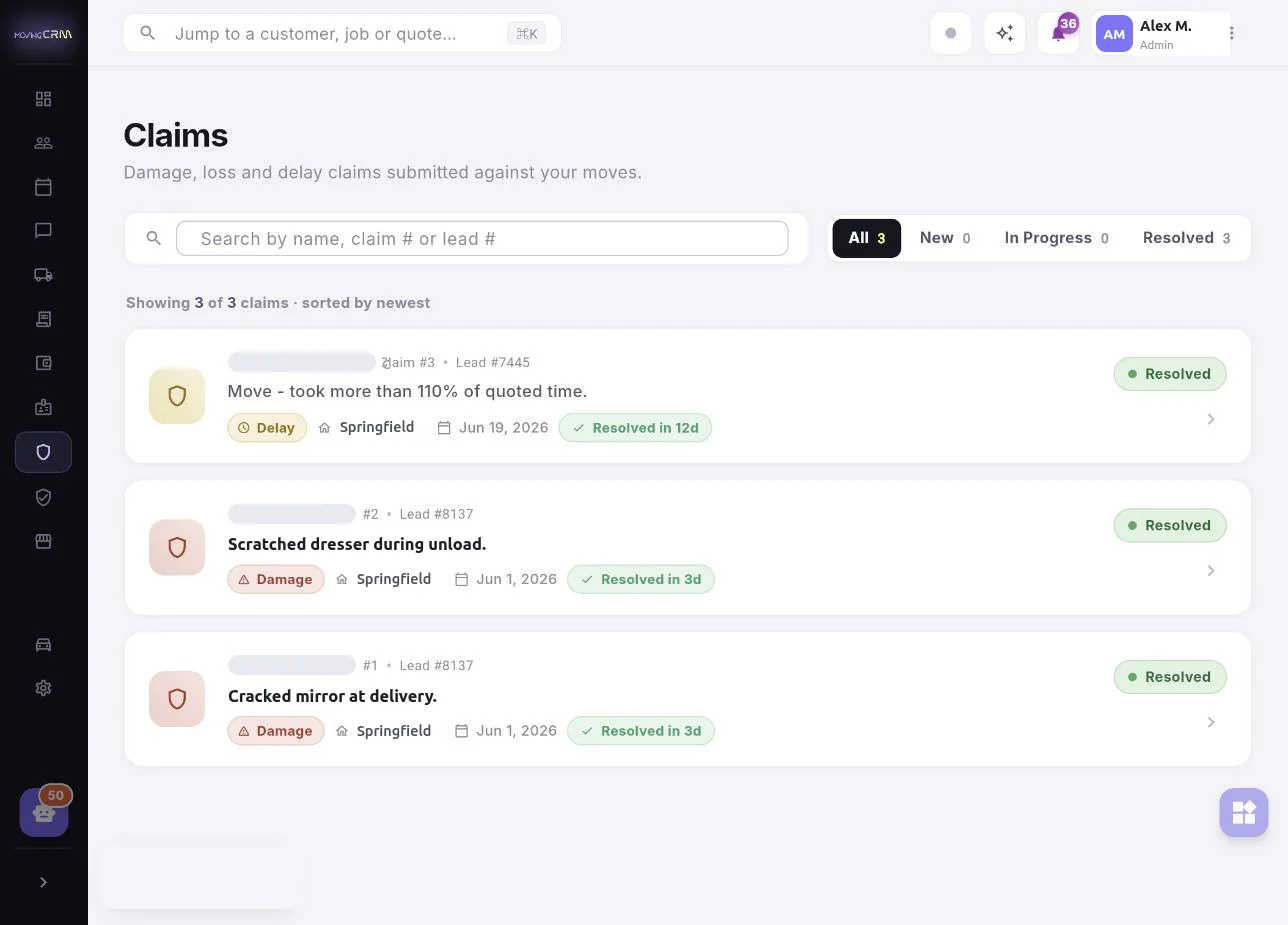 Claims list in MovingCRM — damage, loss and delay claims tracked from new to resolved