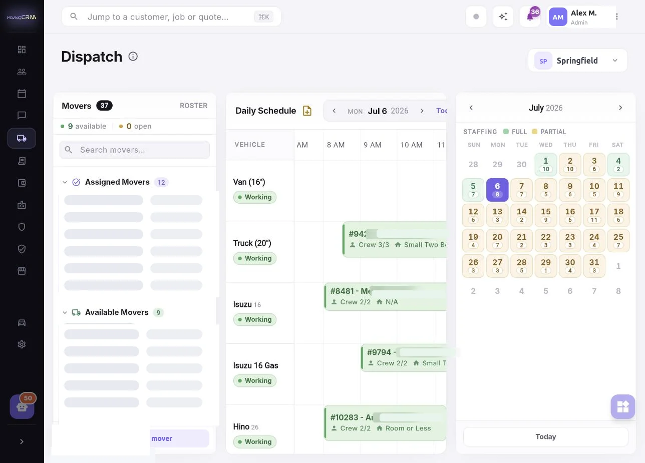 Crew dispatch board in MovingCRM — dispatch software for moving companies with mover roster, daily schedule and staffing calendar