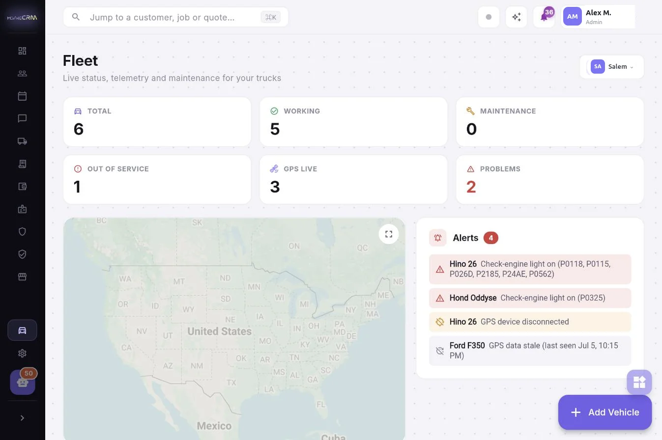 Fleet dashboard in MovingCRM — live truck status, GPS and maintenance alerts for a moving company