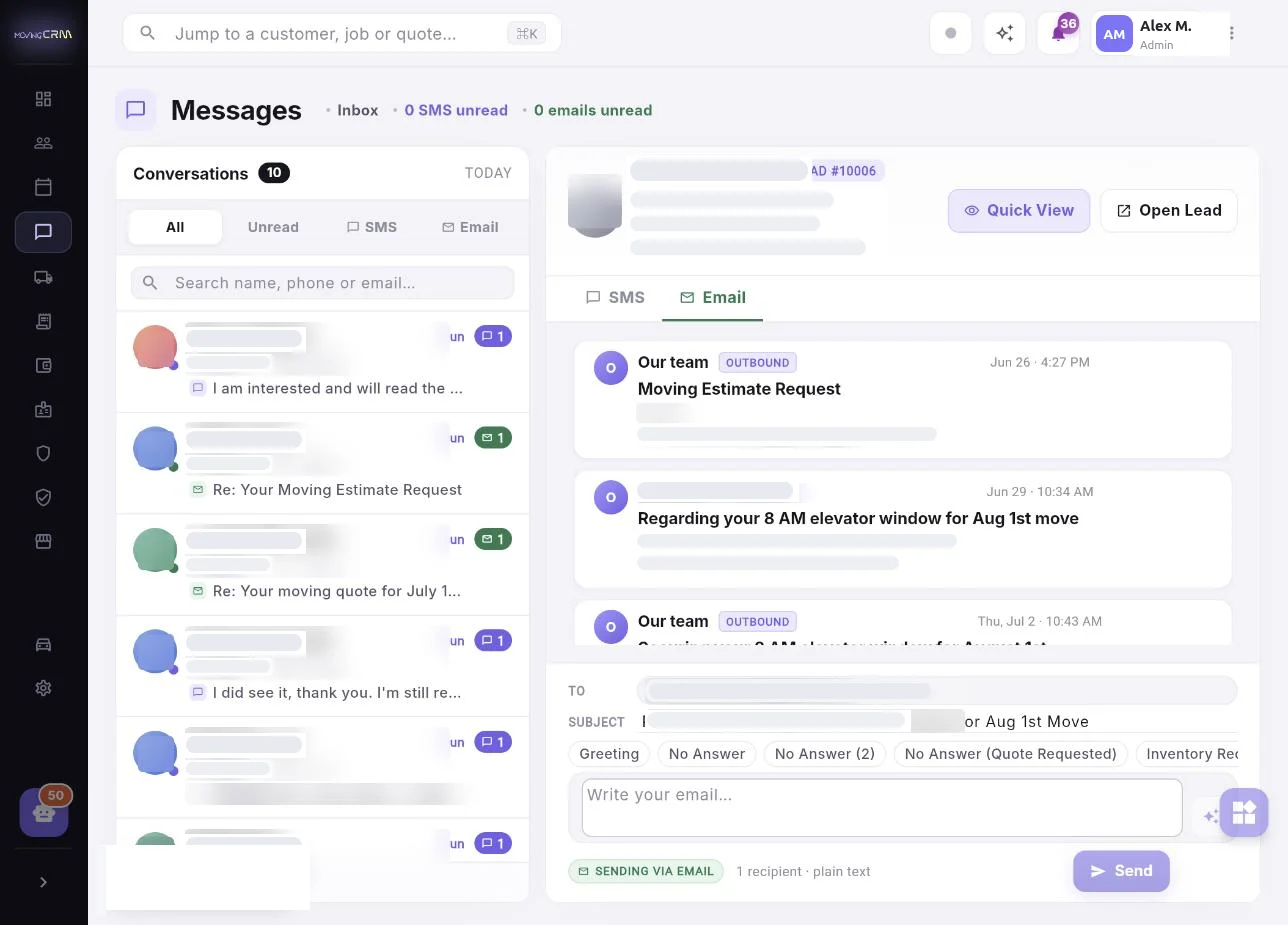 Unified inbox in MovingCRM — email thread with a moving lead and AI reply templates