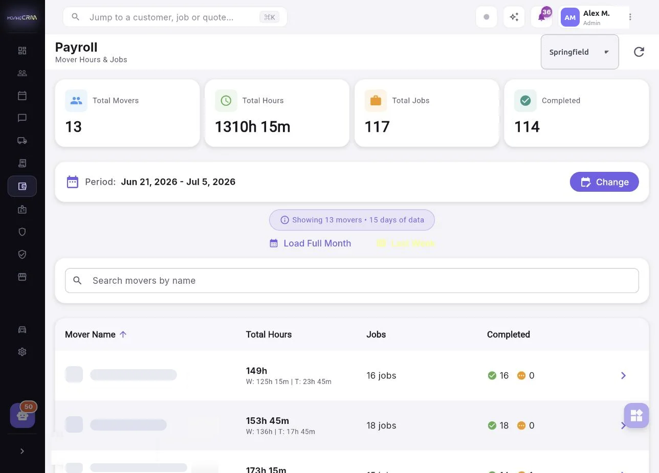 Team payroll in MovingCRM — mover hours, jobs and per-job payouts calculated automatically
