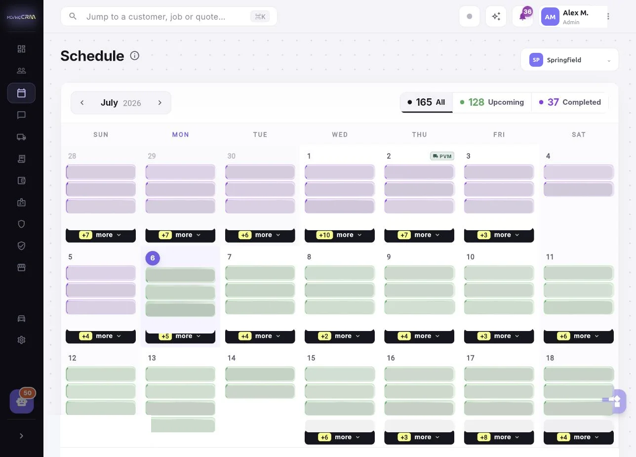 Monthly schedule calendar in MovingCRM showing all booked, upcoming and completed moving jobs